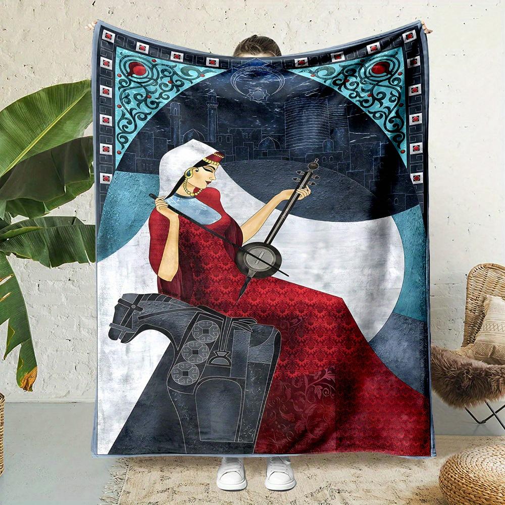 

Retro ethnic style lady pattern Flannel printed blanket suitable for all seasons suitable for living room office sofa and travel 75x90cm