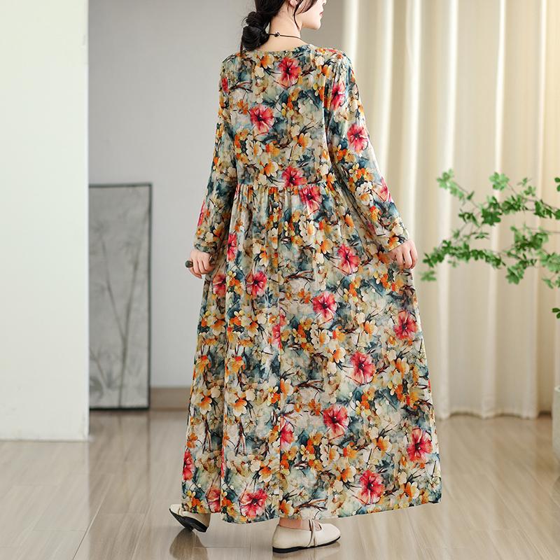 Dimanaf New 2025 Women Plus Size Spring Long Dress Loose Basic Vintage Oversize Long Sleeve Maxi Floral