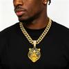Neue Iced Out Brüllender Tigerkopf Grüne Augen Anhänger Halskette Legierung Vergoldet Kubanische Kette HipHop Bling Tier Streetwear Schmuck