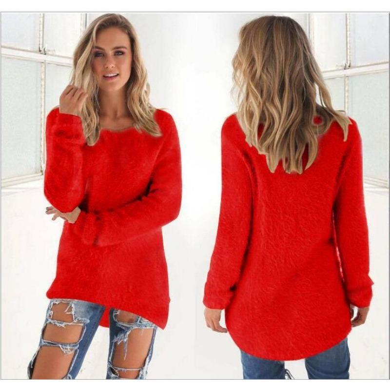 Women's Solid Color Fuzzy Plush Crew Neck Long Sleeve Loose Casual Pullover Sweater Top