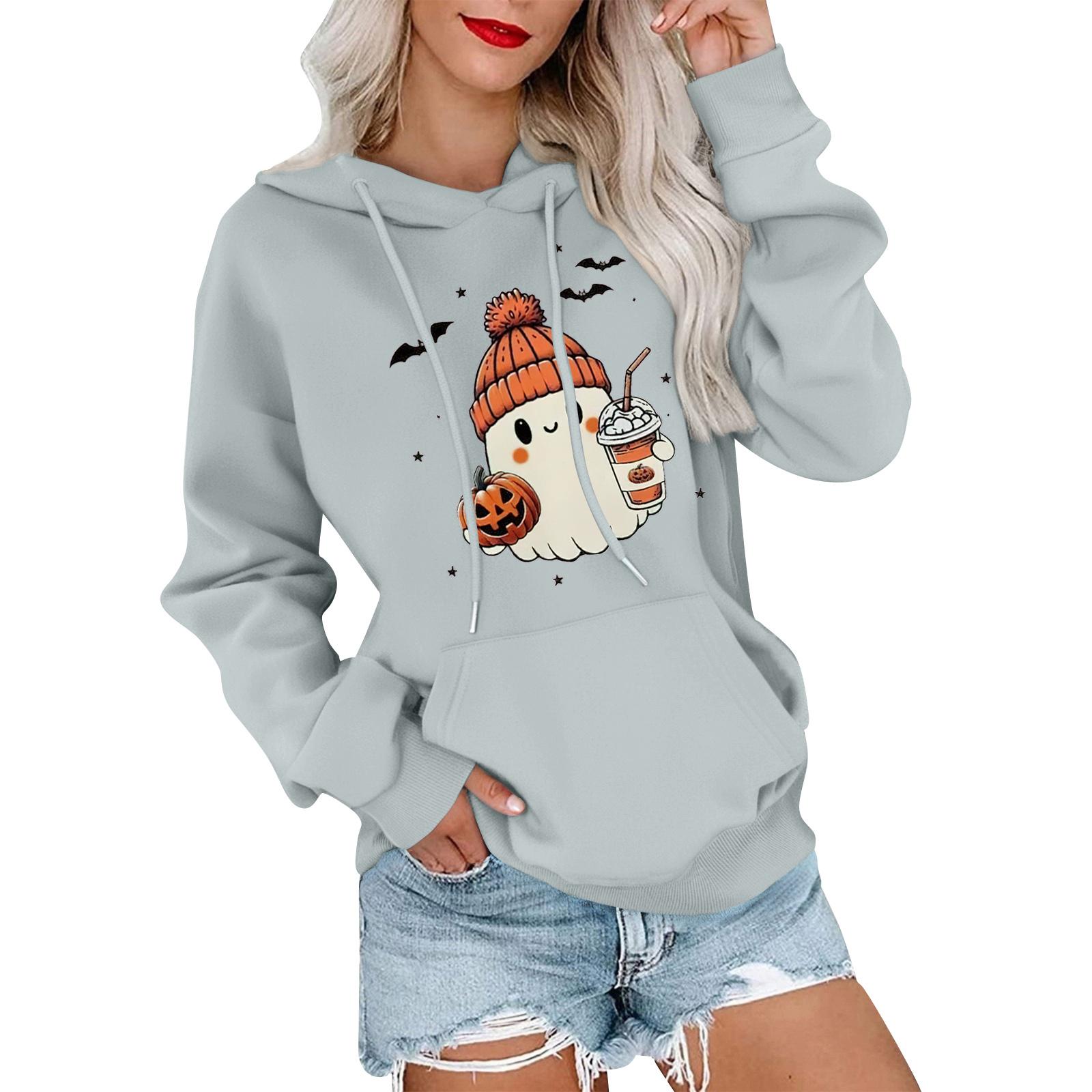 

Женский модный, повседневный, удобный свитер с круглым вырезом, капюшоном, длинными рукавами и принтом на Хэллоуин L