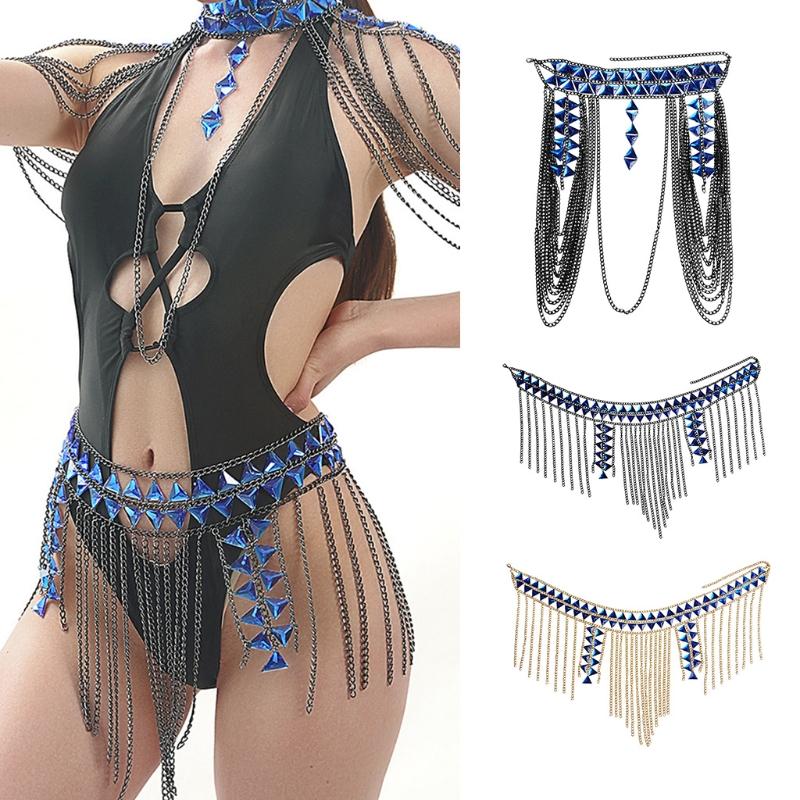 Mehrschichtige Schulterketten Quasten Körperketten Kristall Taille Bauchketten Legierung Körper Schmuck für Strand Nachtclub