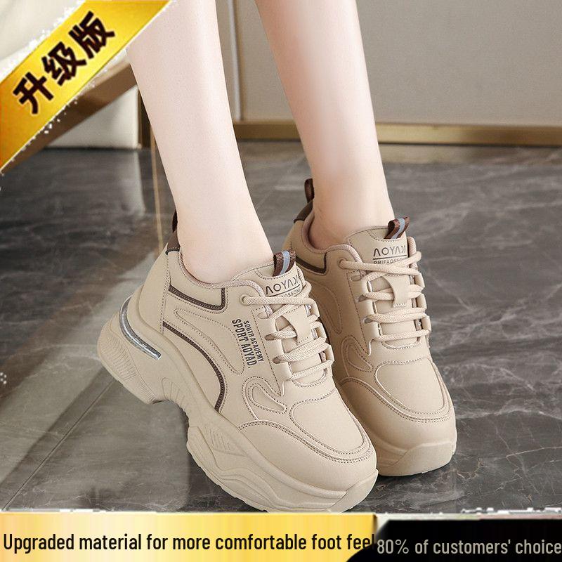 

2025 Women s Autumn Fashion Thick Sole Leather Sneakers: Breathable, Versatile, with Inner Height Increase 35