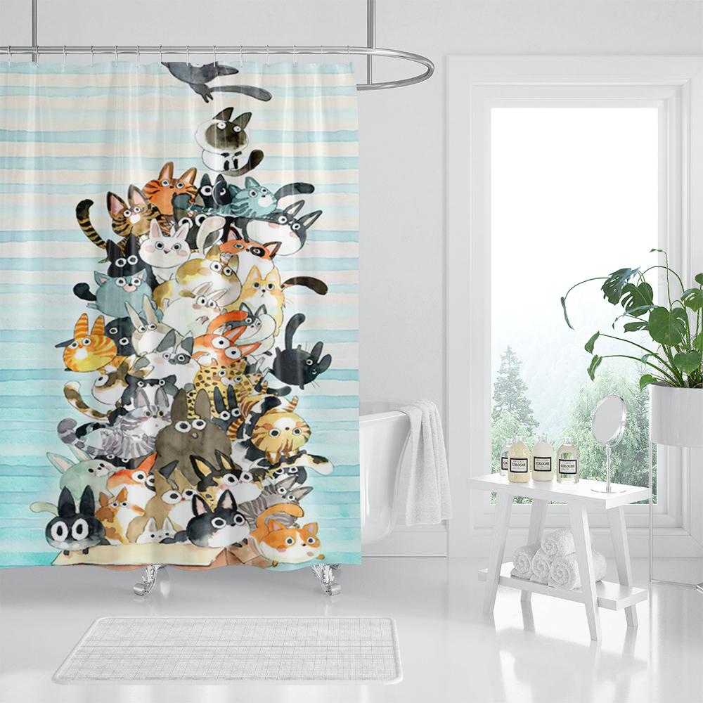 Cat Printed Shower Curtain Color Cartoon Lovely Animal Bear Polyester Fabric Hanging Curtains Bathroom Bathtub Decor with Hooks