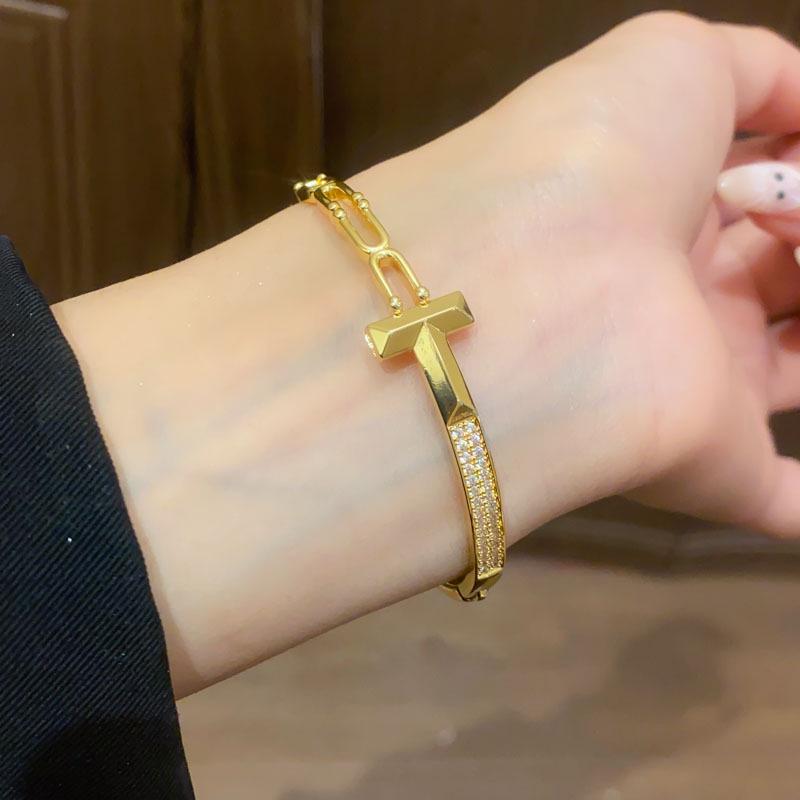 18K Gold Plated Zircon Letter Cutout Open Bangle – Elegant, Versatile Bracelet for Women