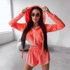2026 Womens Solid Color Long Sleeve Zip-Up Hooded Cardigan Elastic Waist Shorts 2-Piece Casual Set