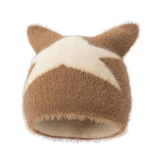 Women Hat Star Pattern Cat Ear Shape Thickened Warm Elastic Design Knitting Hat Outdoor Activities