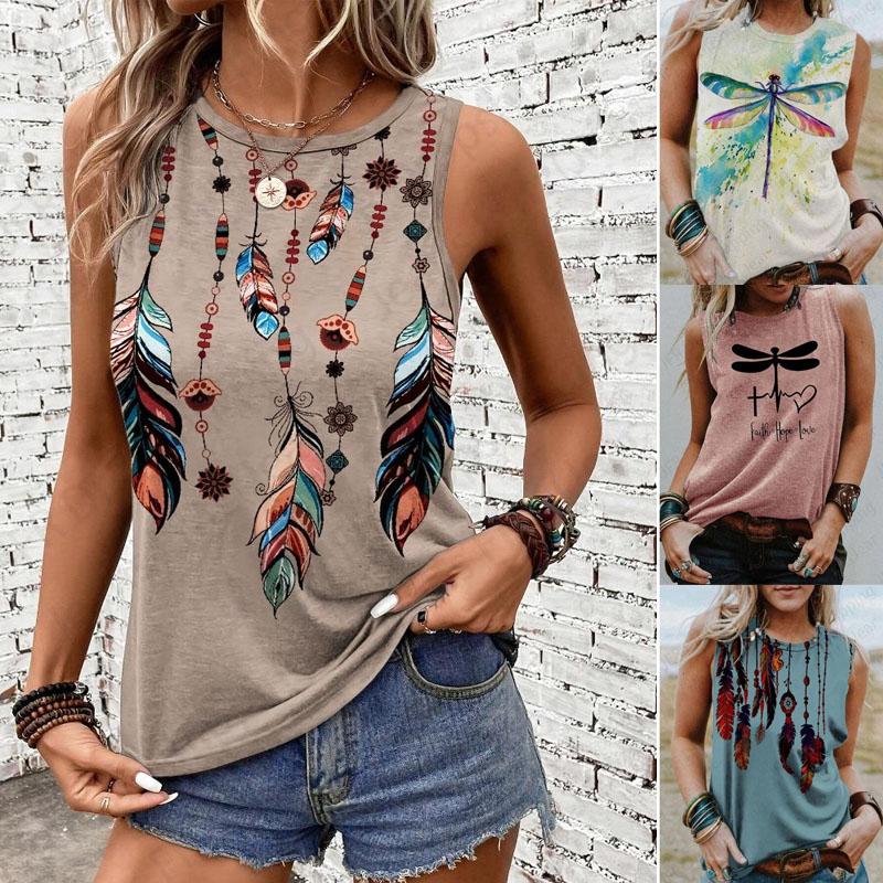 Feather Print Tank Tops Women's Fashion Sleeveless Vest Sexy Casual Vintage Tanks Top Casual Crew Neck Tops Womens Clothing 2026