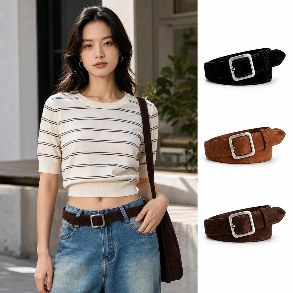 Square Alloy Buckle Suede Belt PU Leather Square Buckle Belt For Jeans Skirts Pants Dresses
