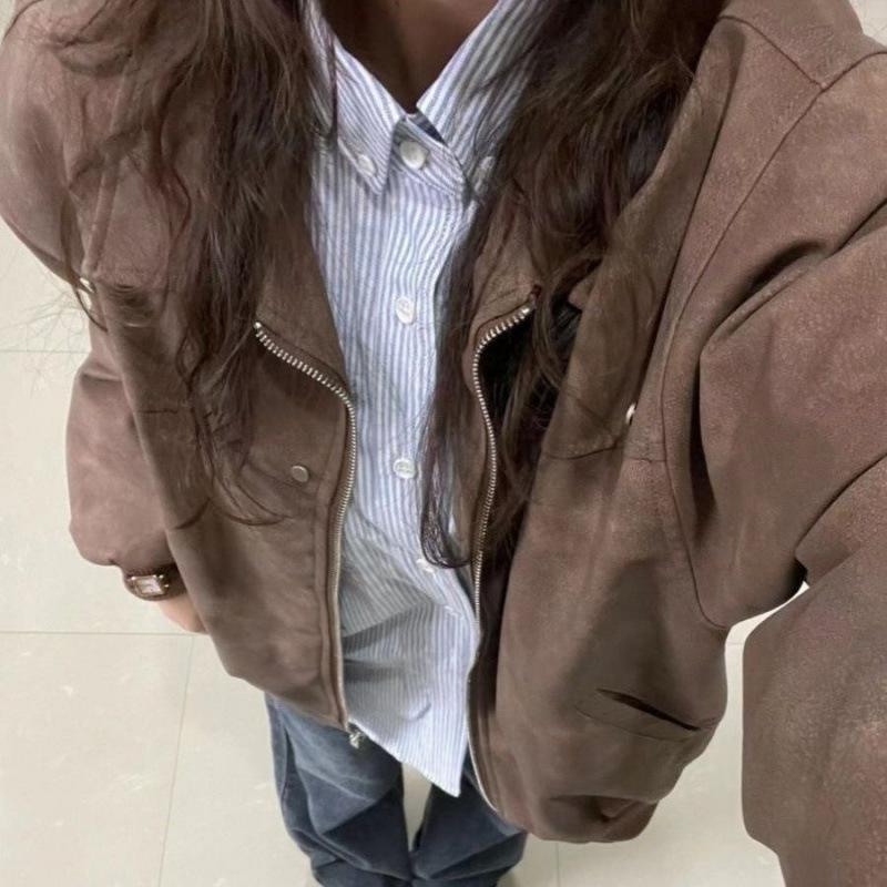 

Retro Brown Lapel PU Leather Jacket for Women Spring and Autumn Imitation Suede Couple Versatile Jacket S