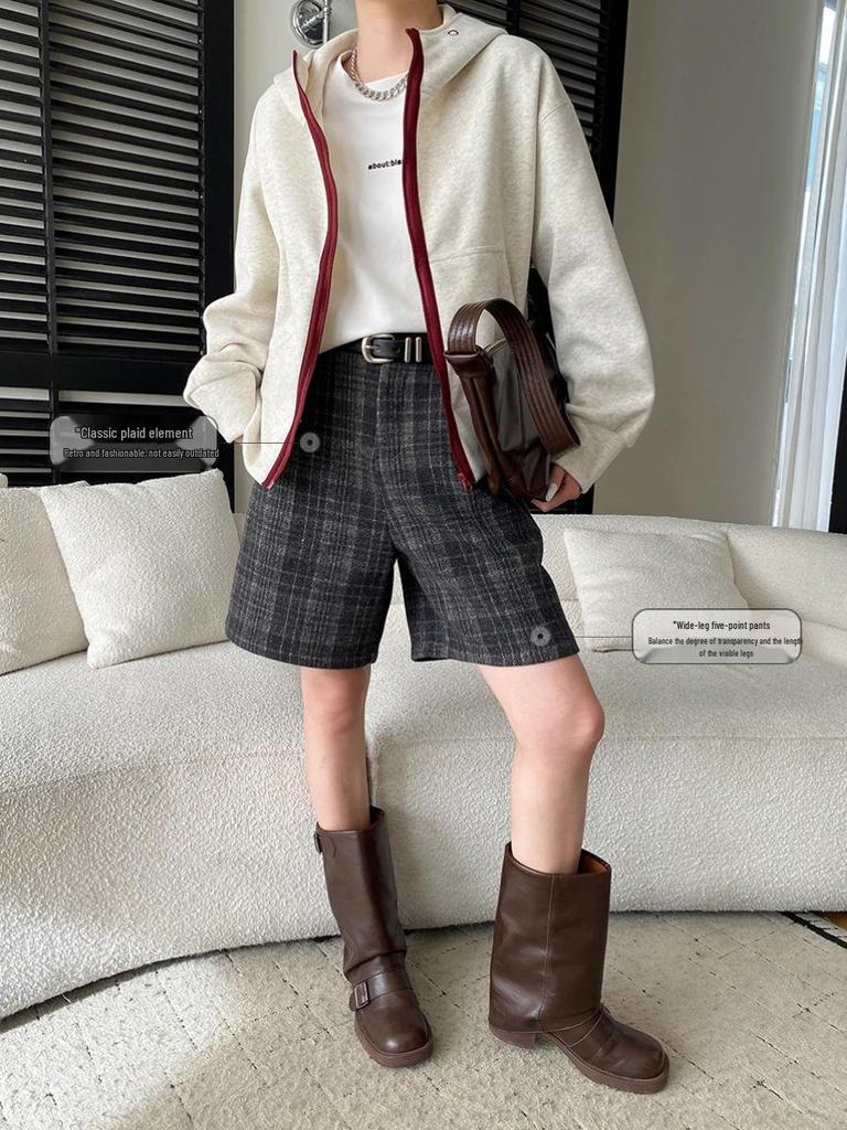 Sinan Retro British Plaid High-Waisted Wide-Leg Wool Shorts SN8521