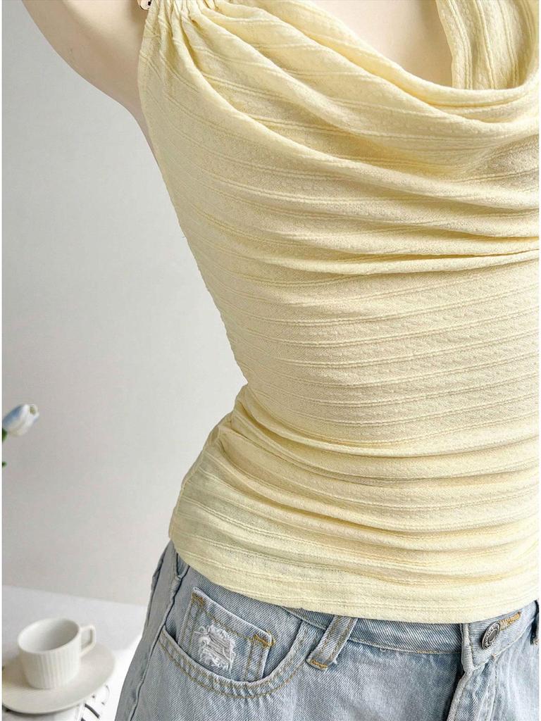 Haut bustier en maille texturée jaune pâle style européen et américain 2025 pour femmes, pour fêtes, rendez-vous et mariages