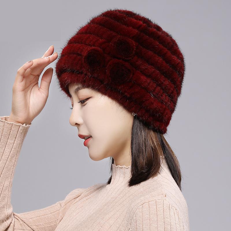 Russian Winter Women Real Mink Fur Hat Outdoor Keep Warm 100% Real Mink Fur Hats Lady Knitted Natural Mink Fur Cap