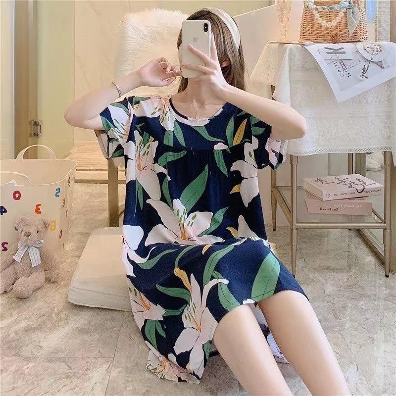 Women's Short Sleeve Women's Cotton Silk Nightgown Printed Summer Nightdress Home Clothes