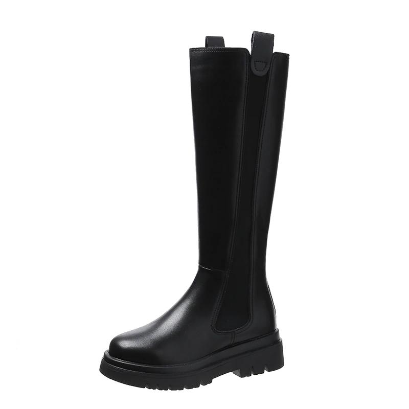 Fashion plus Size Knee High Riding Boots Straight Tube ing Boots Women's Medium Heel Waterproof Platform round Toe PU Leather