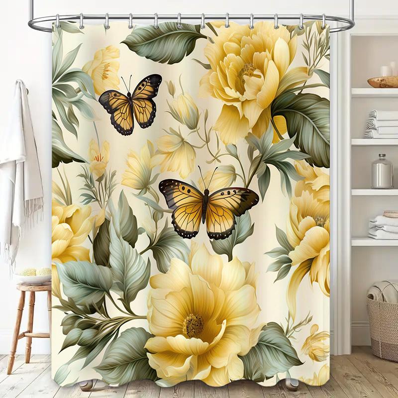 Floral Butterfly Waterproof Shower Curtain Home Decor Bathroom Decoration Printing Flowers Bath Mat Black Yellow Green Leaves Ba