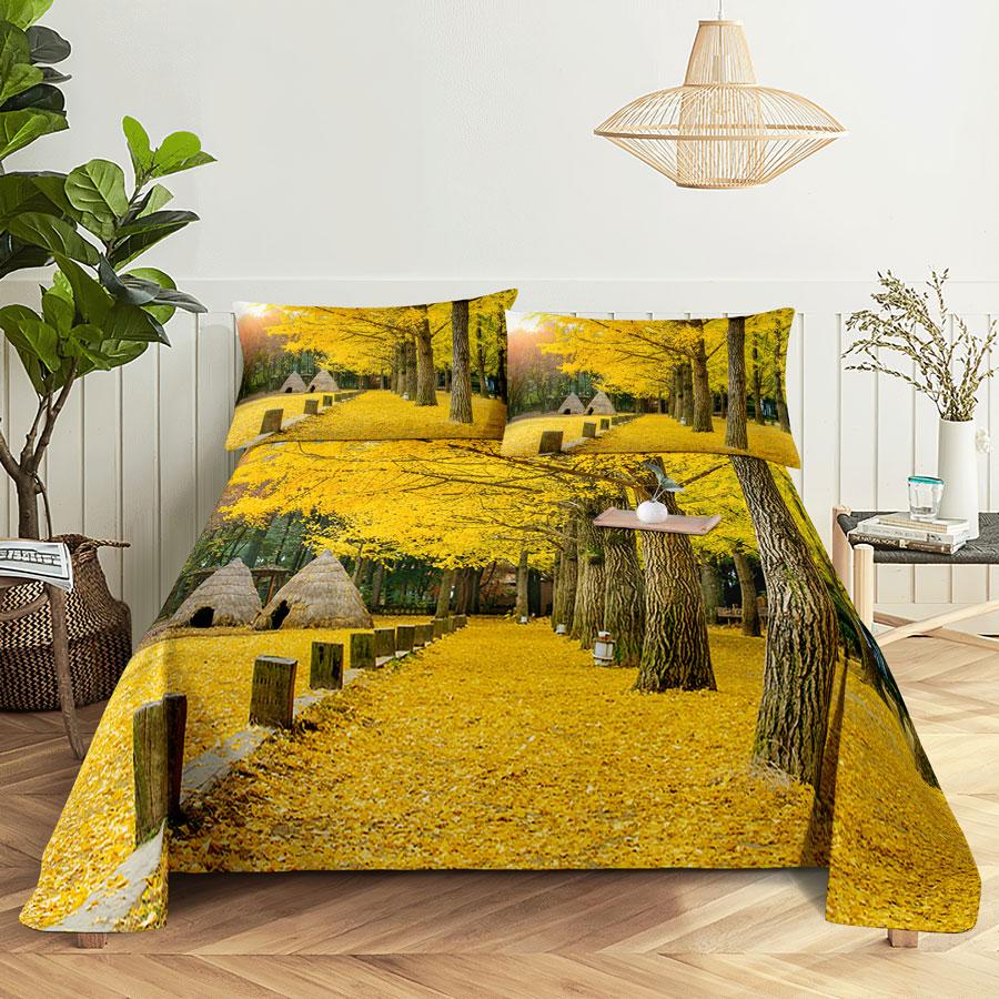 Scene Bed Sheet and Pillowcase Set Bedding Linens Cover Queen King Double Size 220x240 Trees for Bedroom Soft Twin Full Single