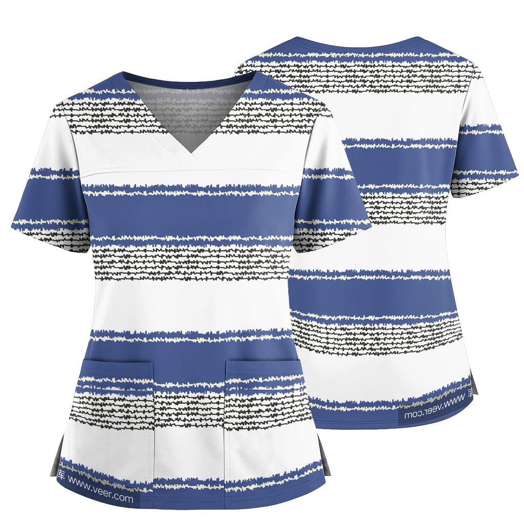 Damski casualowy top z nadrukiem z dekoltem w serek, kieszenią i rozcięciem po bokach, z krótkim rękawem