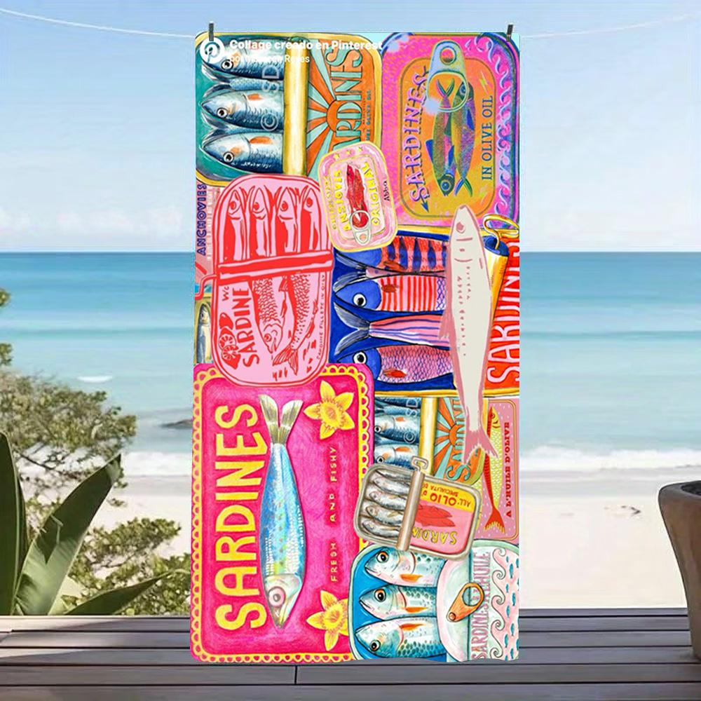 Colorful Sardine Can Fish Collage Beach Towel Soft Washable Towel For Coastal Holiday Swimming Pool Spa Gym Beach Trip Use