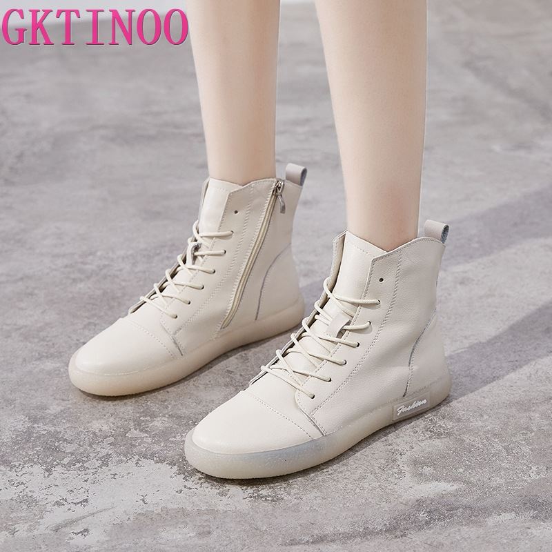 Móda GKTINOO Pravá Hovězí Kůže Dámské Kotníkové Boty Bílé Tenisky Šněrovací Pohodlné Krátké Kotníkové Boty Podzimní Zimní Obuv Protiskluzová