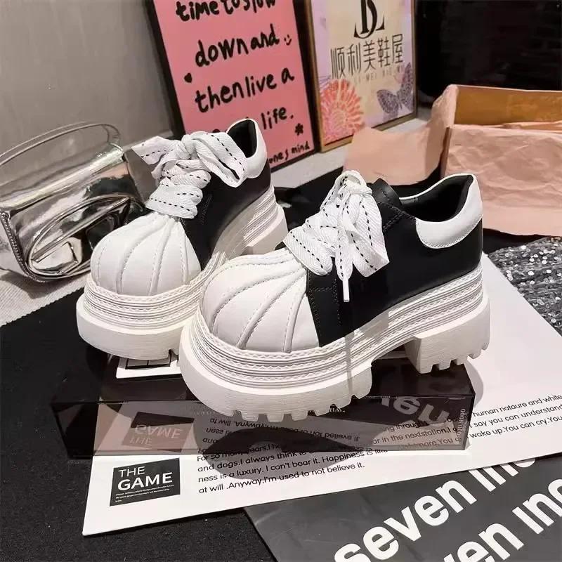 10 cm Dámske Jednoduché Topánky s Hrubou Podrážkou Šnurovacie Shell Toe Hrubá Platforma Malé Kožené Topánky Osobnosť Nové Zapatillas De Mujer