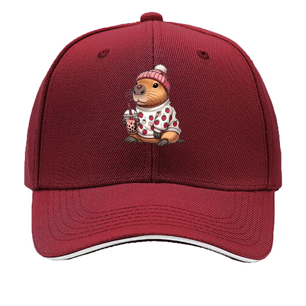 Cute Capybara Strawberry Sweater Holding Bubble Tea Sandwich Baseball Cap Unisex Women Sun Cap Outdoor Workouts Hat