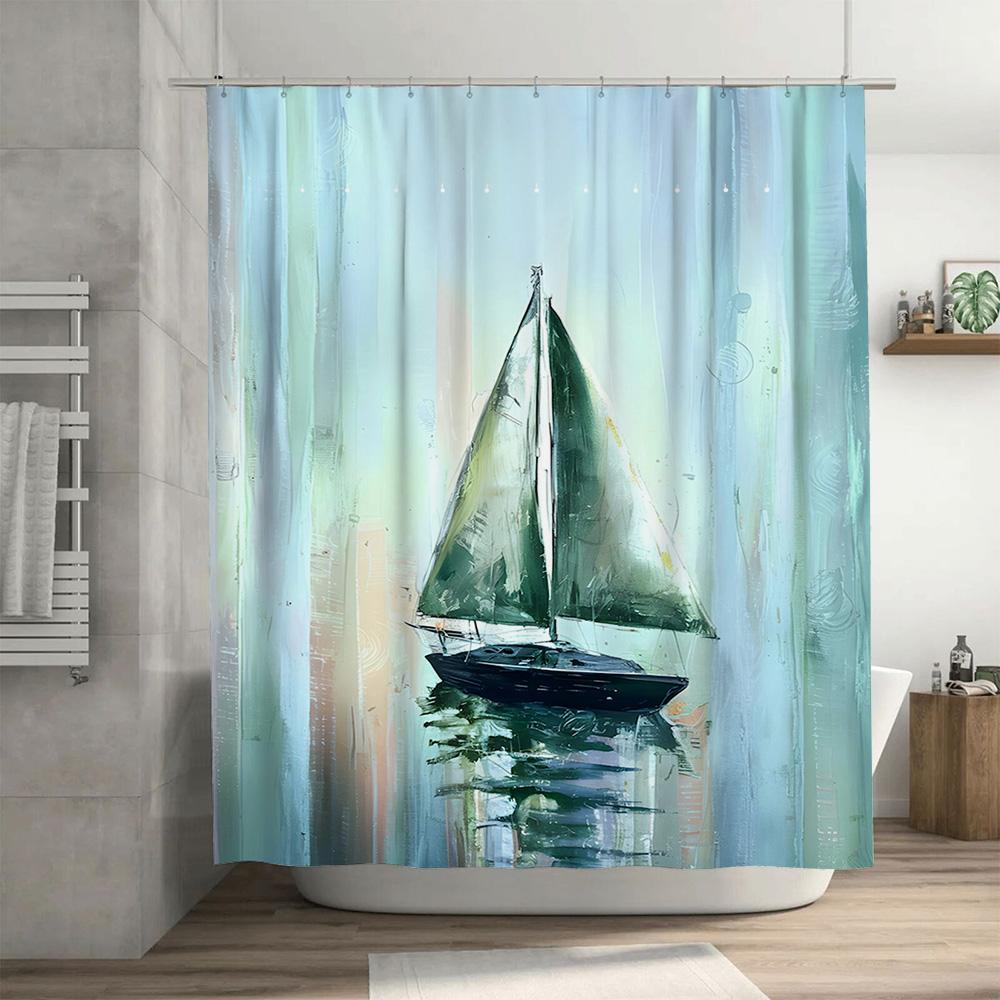 Artistic Bath Shower Curtain Waterproof Decorative Sailboat Blue Green Wall Hanging Decoration