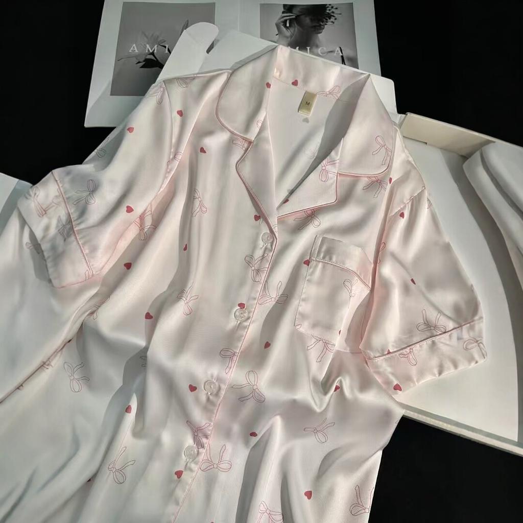 Summer and Autumn Ice Silk Pink Satin Short Sleeve Shorts Pajamas Fresh Women's Loungewear Simple Fashion Printed