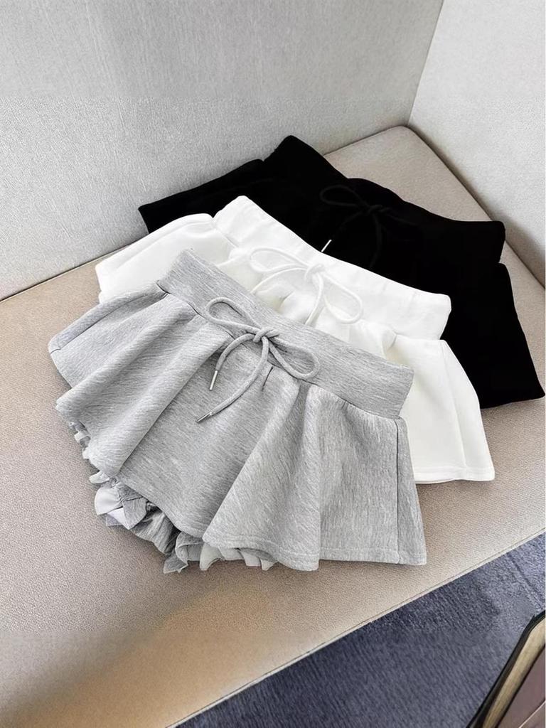Gray High-Waist A-Line Fluffy Mini Skirt with Drawstring - Women's Spring/Summer Versatile Skirt Pants