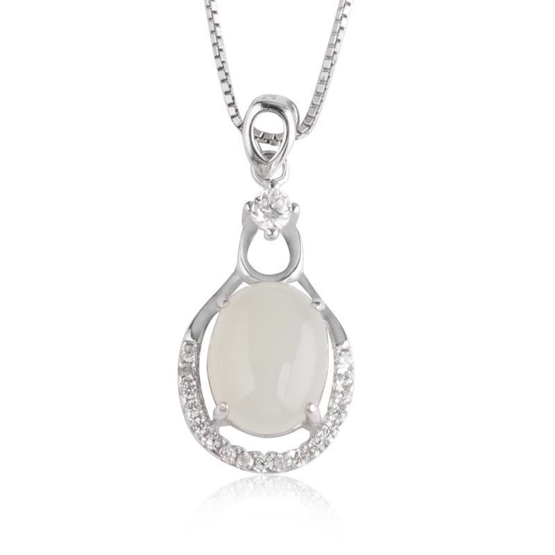 Certified Natural Hetian White Jade Pendant Necklace with 925 Sterling Silver Inlay for Women