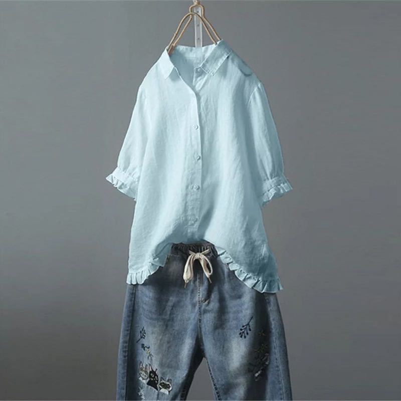 Camicetta da donna estiva casual a maniche corte monopetto con volant, tinta unita, semplice, con colletto a revers, bottoni