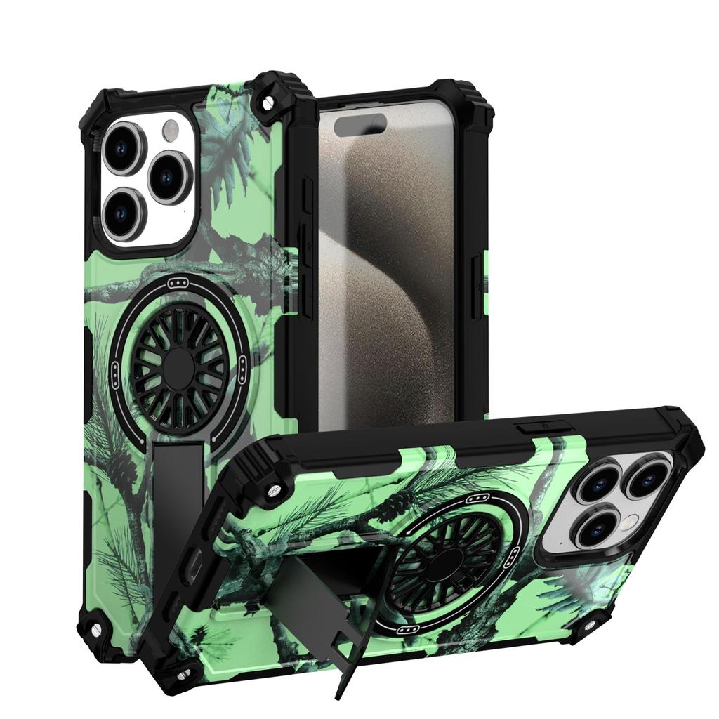 Painting Army Camouflage Carbon Fiber Magnetic Bumper Phone Case With Kickstand For iPhone 17 16 15 Pro Max Samsung S25 S24 A56 Hard Protective Cover