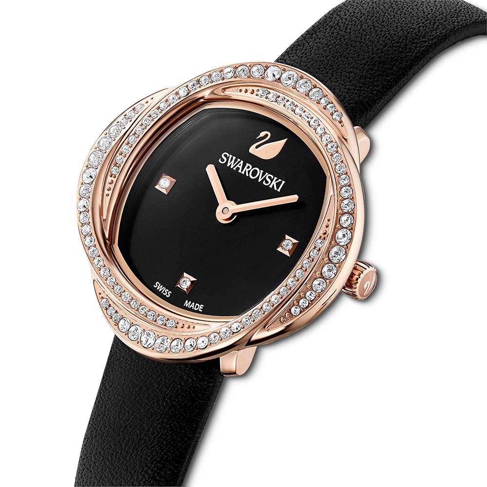 Swarovski 5552421 Crystal Leather Strap Black Rose Gold Tone Women's Watch