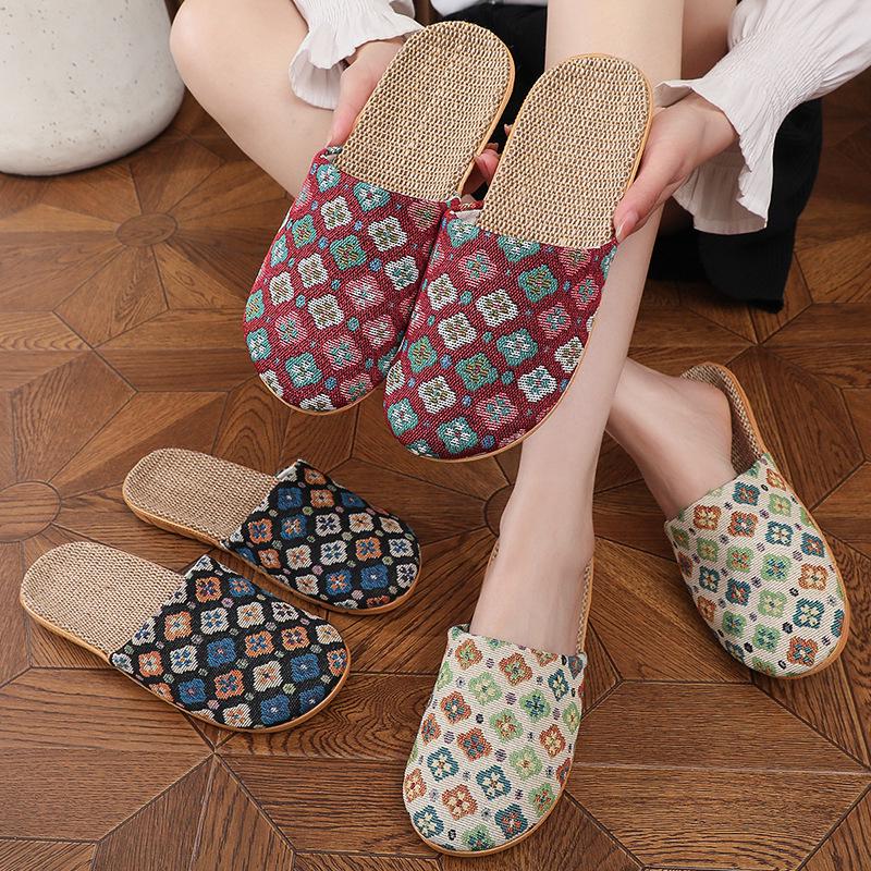 Women's Ethnic Floral Linen Sandals - Breathable Toe-Cover Slippers for Home