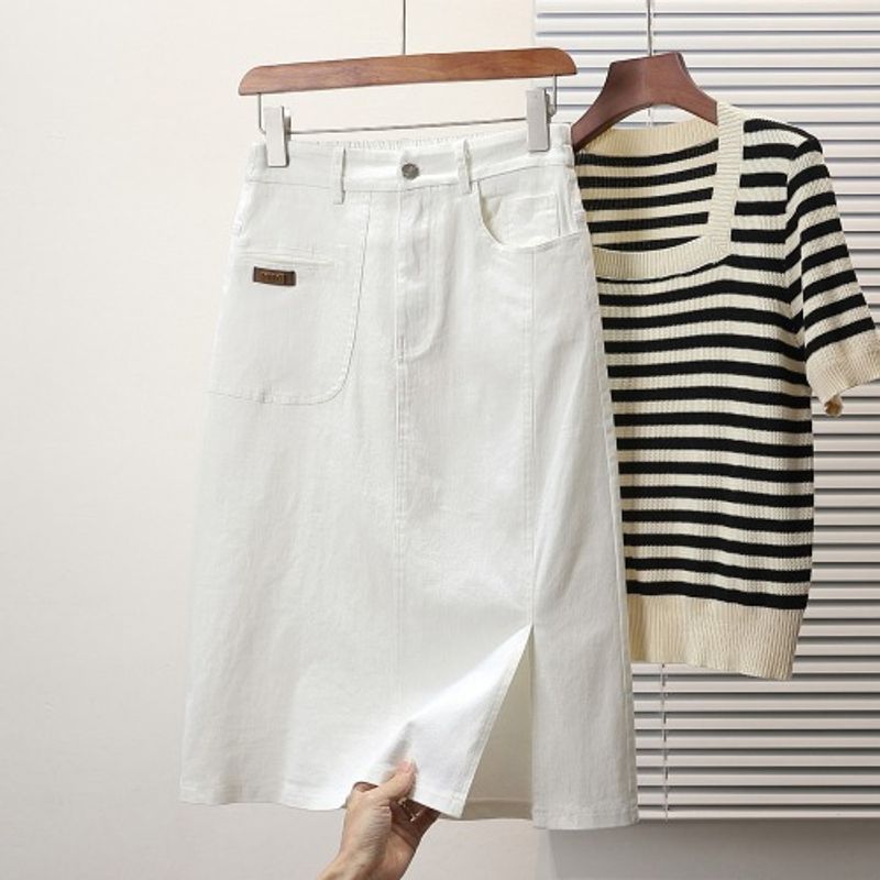 Plus Size Women's Clothing Chubby Girl Retro Hong Kong Style Work Clothing Amoi White Stretch Split Slim Looking Mid Length Long Length Denim Skirt