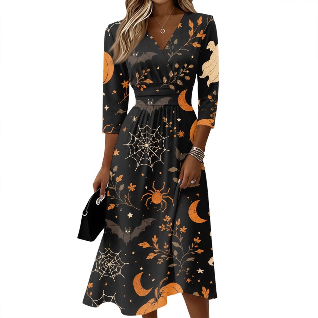Womens Casual V Neck Midi Dress 3/4 Sleeve Back Zipper Wrap Style Fit and Flare Dress with Ghost Print