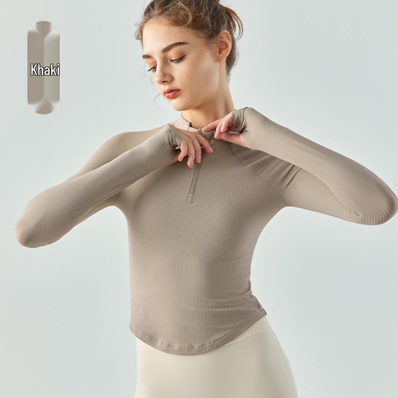 

Рубчатый воротник поло, противоскользящие плечи, приталенный силуэт, половина молнии, длинный рукав, женская одежда для фитнеса и йоги L