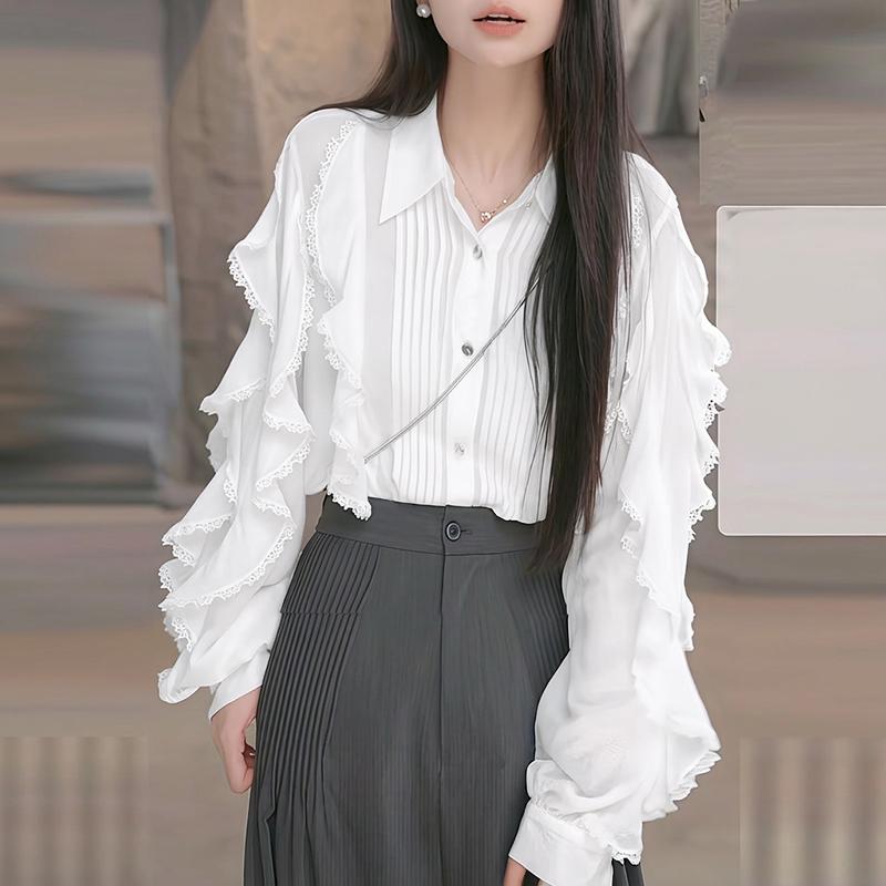 ZANZEA Women Casual Turn Down Collar Loose Ruffles Long Sleeve Blouse