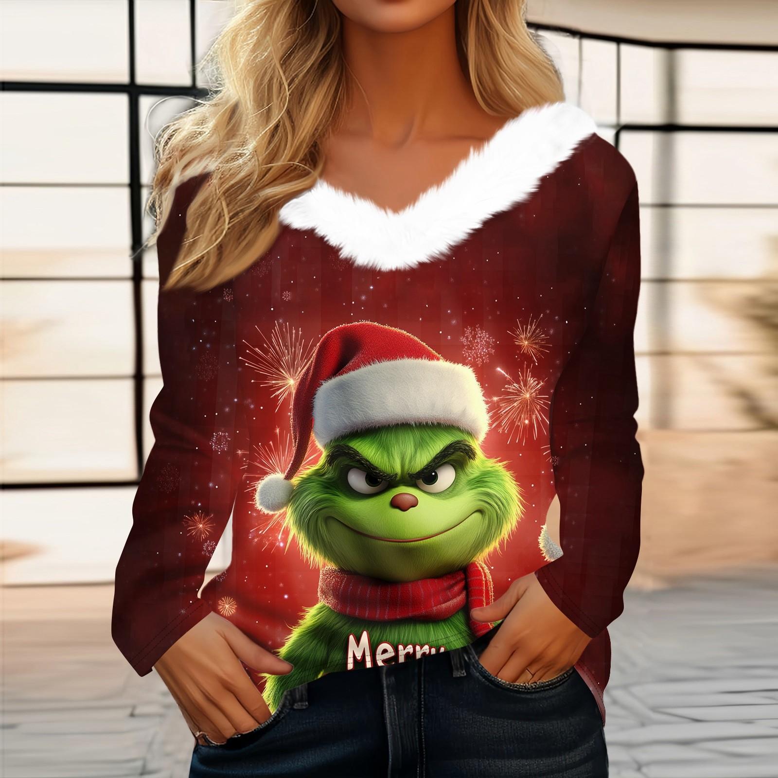 

Женская рождественская рубашка с длинным рукавом и принтом V-образным вырезом, повседневная свободная футболка, топы XL чёрный