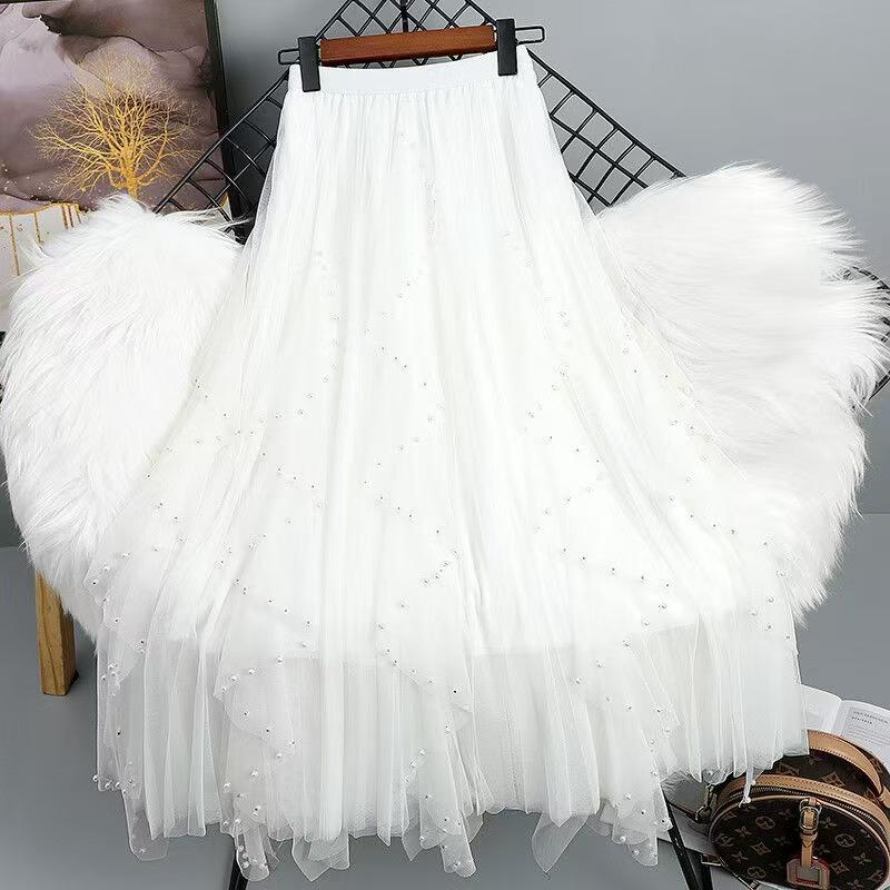 Women's Beaded Mesh High Waist A-Line Skirt - Spring/Summer Korean Style with Irregular Hem and Good Drape