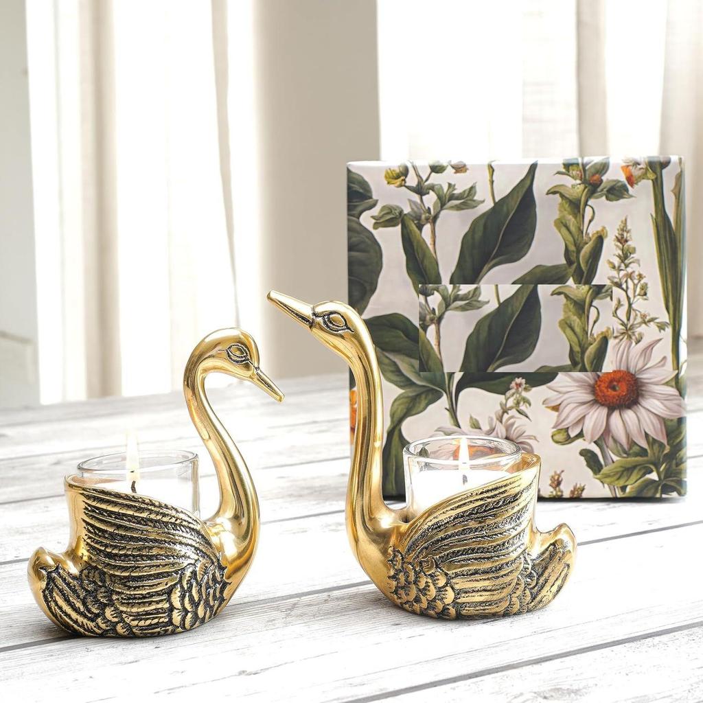 Metal Pair of Swan Candle Holder & Candles Combo Gift Hamper, Festive Gifting Showpiece for Valentine's Day, Anniversary