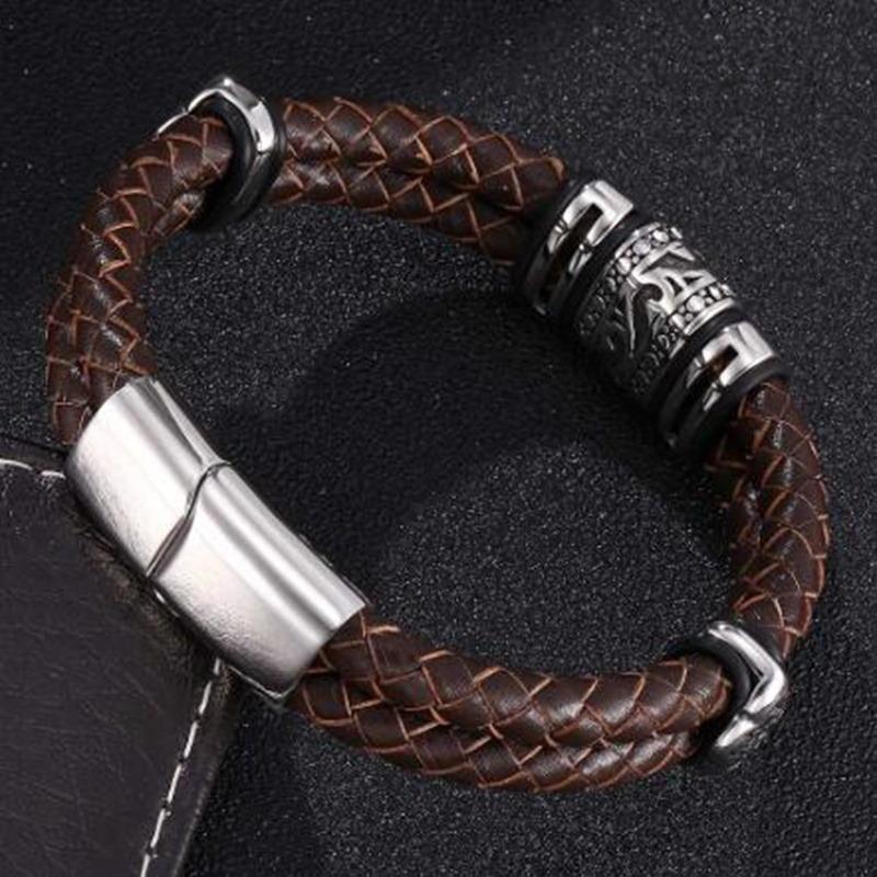 Double Layer Punk Brown Braided Leather Bracelet for Men with Metal Magnetic Clasp Stylish Business Bracelet Jewelry Gift