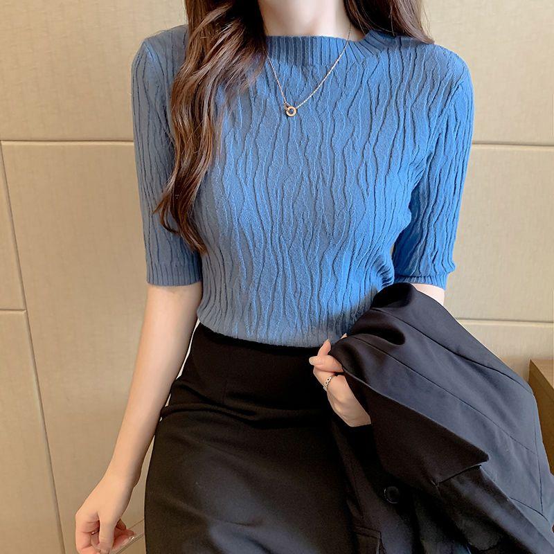 Koreanische Mode Falten Einfarbig Gestricktes T-Shirt Lässig Allround Kurzarm Slim Pullover Tops Sommer Damenbekleidung