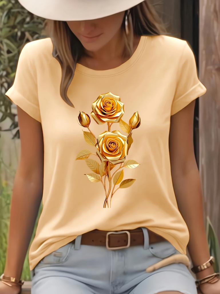 Fashion Women Rose Printed T-Shirt O-Neck Short Sleeve T-Shirt Simple Design Versatile Daily Wear Elegant Style Women Clothing