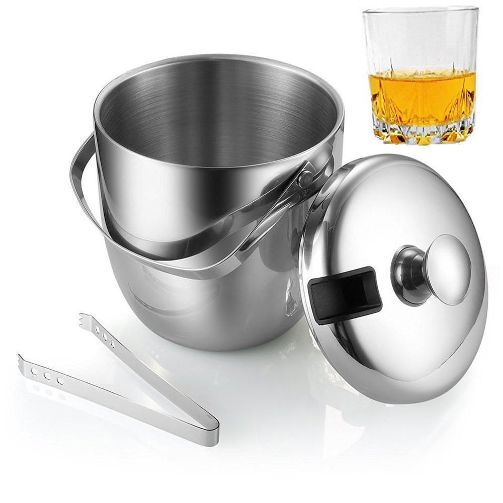 Stainless Steel Insulated Double-Layer Ice Bucket with Lid & Handle