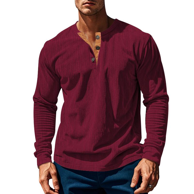 Neues Herren T-Shirt Langarm Basis Vier Knopf Cord Slim Herrenhemd