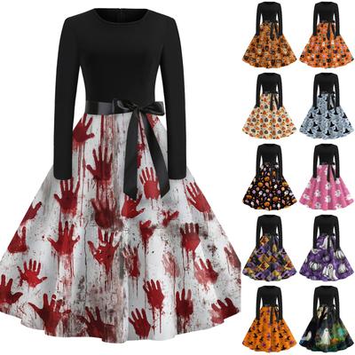 Women's Casual Long Sleeve Round Neck Vintage Halloween Print Retro Audrey Hepburn Style Dress with Waist Tie Belt Full Skirt
