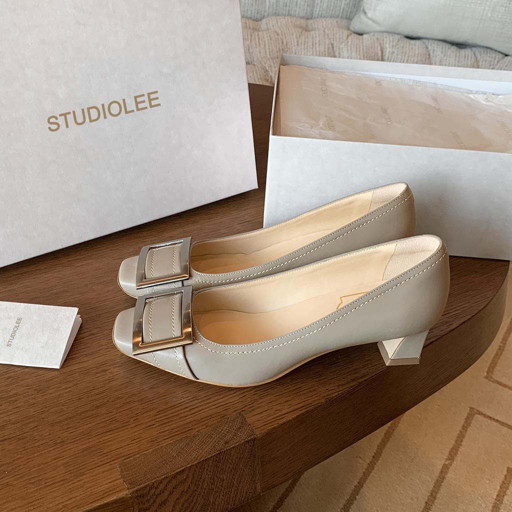 Sheepskin Version~ Height Increase 5.5cm Classic Small Square Head Bright Line Design Horn and Shallow Mouth Commuter Work Single Shoes Women