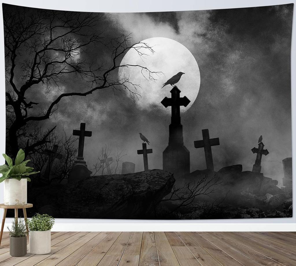 Halloween Tapestry Wall Hanging Horror Tombstone and Scary Skull In Cemetery Wall Art Spooky Dead Tree and Crow Under Full Moon
