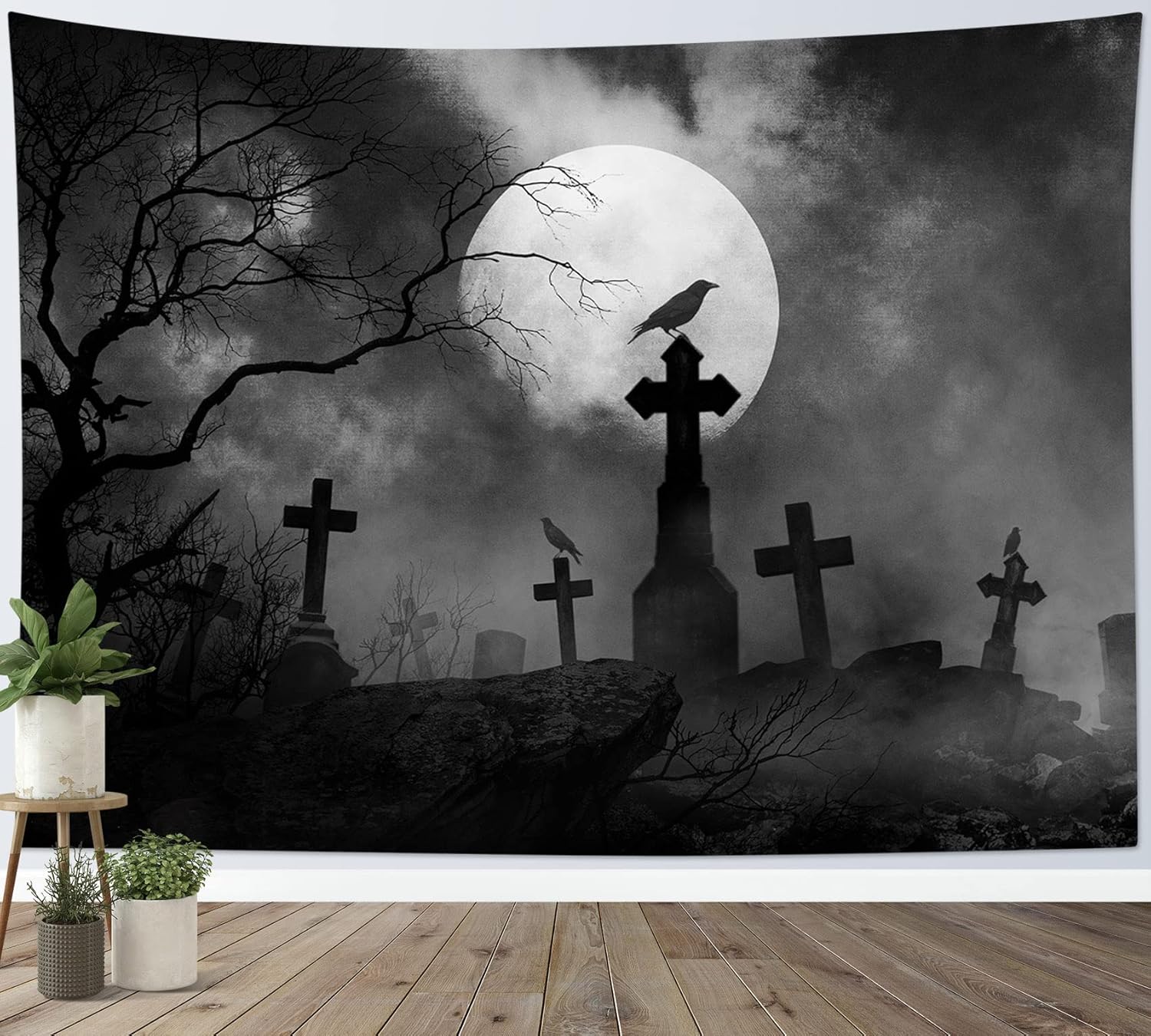 

Halloween Tapestry Wall Hanging Horror Tombstone and Scary Skull in Cemetery Wall Art Spooky Dead Tree and Crow under Full Moon 74x94cm(29x37in)